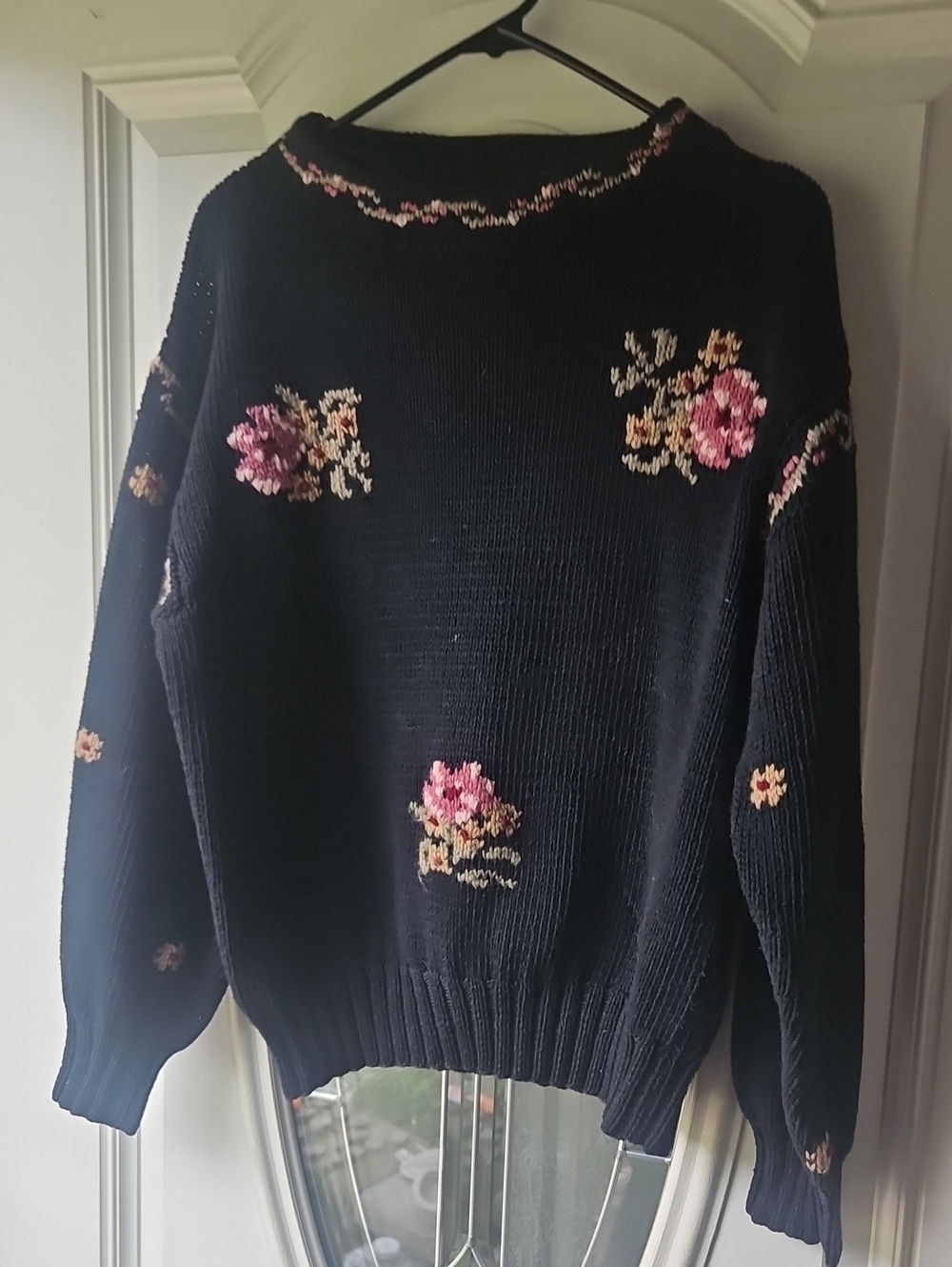Hand Knit By Berek Black Crewneck Sweater with Pink and Cream Floral Accents